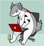  alternate_color angry anthro black_fur can chair collar computer drink fur green_background green_eyes grey_fur headphones looking_down male markings masseyshrew necklace nintendo notebook nude plain_background plantigrade pok&#233;mon pok&eacute;mon simple_background sitting typhlosion video_games white_fur 