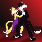  blue_eyes breasts cat clothed clothing couple dancing dress duo eye_contact feline female green_eyes guimontag high_heels jewelry looney_tunes male mammal plain_background purple_dress red_background romantic smile suit sylvester sylvia warner_brothers 