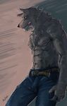  abs anthro belt biceps black_nose blue_eyes canine chest_tuft claws clothed clothing fur grey_fur half-dressed jeans male mammal muscles nick300 nipples pants pecs pose solo standing toned tongue topless tuft wolf 