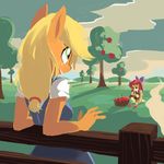  against_fence amber_eyes anthro anthrofied apple apple_bloom_(mlp) applejack_(mlp) blonde_hair bow clothing cloud equine female fence freckles friendship_is_magic fruit grass green_eyes hair horse karzahnii mammal my_little_pony outside path pony red_hair sibling sisters sky standing tree 