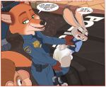 absurd_res anthro assisted_exposure blue_outfit blush bodily_fluids bottomwear bottomwear_down canid canine car clothed clothing dialogue diaper disney embarrassed exposed_diaper felid female fox fur genital_fluids grabbing_shoulders green_eyes grey_body grey_fur group hi_res judy_hopps lagomorph leporid lion male mammal nick_wilde orange_body orange_fur outside paddedulf pantherine pants pants_around_ankles pants_down pantsing partially_clothed police police_badge police_car police_uniform police_vehicle rabbit rhinoceros unclean_diaper uniform urine used_diaper vehicle wet_diaper zootopia