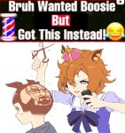  ahoge animal_ears archives.gokulism breasts brown_hair crown ear_ornament ear_piercing ear_ribbon hair_between_eyes highres horse_ears horse_girl meisho_doto_(umamusume) mini_crown multiple_girls open_mouth orange_hair piercing pink_crown purple_eyes school_uniform shirt short_hair smile t.m._opera_o_(umamusume) tracen_school_uniform umamusume umamusume:_beginning_of_a_new_era umamusume:_road_to_the_top walter_white 