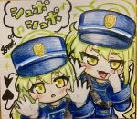  2girls absurdres akanbe black_tail blue_archive blue_hat blue_jacket commentary_request demon_girl demon_tail eyelid_pull gloves green_hair green_halo halo hat highres hikari_(blue_archive) jacket long_sleeves looking_at_viewer multiple_girls nozomi_(blue_archive) peaked_cap shikishi siblings signature sisters tail thick_eyebrows tomimon tongue tongue_out traditional_media twins twintails upper_body white_gloves yellow_eyes 