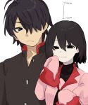  1boy 1girl :/ :3 ahoge araragi_koyomi black_eyes black_hair black_jacket black_necktie black_shirt bob_cut breasts closed_mouth collared_shirt commentary covered_collarbone dress_shirt empty_eyes gakuran hair_between_eyes hair_over_one_eye hand_to_own_mouth hands_up height_chart height_difference highres jacket long_sleeves looking_ahead looking_at_another looking_down looking_to_the_side mandarin_collar monogatari_(series) naoetsu_high_school_uniform narrowed_eyes necktie oshino_ougi pale_skin pink_shirt red_trim school_uniform shirt short_hair side-by-side simple_background sketch sleeves_past_fingers sleeves_past_wrists small_breasts smile standing translated tsugumi_(tgm_615486) turtleneck upper_body very_long_sleeves white_background 