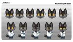 2025 4_fingers :3 abstract_background alpha_channel angry anthro big_ears big_eyes big_head black_body black_clothing black_footwear black_fur black_shoes blue_bottomwear blue_clothing blue_gloves blue_handwear blue_pants blue_shirt blue_topwear bodily_fluids bottomwear canid canine canis character_name cheek_tuft chibi clothing coat crossed_arms curious digital_drawing_(artwork) digital_media_(artwork) dipstick_tail disembodied_head doctor emote emotion_chart eyebrows facial_tuft fingers fluffy fluffy_tail footwear frown frowning_at_viewer fur gloves grey_body grey_fur hachimakiyaki hands_behind_back handwear happy head_tuft hi_res hybrid id_card inner_ear_fluff janusz kemono lab_coat looking_at_viewer male mammal markings medical_gloves model_sheet multicolored_body multicolored_fur open_mouth pants pattern_background pockets pupils raised_arm raised_arms sad shaded shirt simple_background simple_shading slit_pupils smile smiling_at_viewer smirk smirking_at_viewer smug snaggle_tooth solo standing striped_background surprised sweat tail tail_markings tail_tuft text tongue tongue_out topwear transparent_background tuft upset watermark white_clothing white_topwear wolf wolfdog yellow_eyes