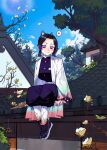  1girl artist_name belt black_hair butterfly_hair_ornament cesar_art456 closed_mouth day hair_ornament haori heart highres japanese_clothes kimetsu_no_yaiba kochou_shinobu looking_at_viewer multicolored_hair outdoors parted_bangs print_haori purple_eyes purple_hair sitting sky smile solo spoken_heart tabi two-tone_hair waraji white_belt 