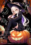  1girl black_hair black_hat black_hoodie black_shoes black_skirt black_thighhighs blue_eyes boots candy colored_inner_hair commentary drawstring dress food full_body gradient_eyes grey_hair grey_ribbon halloween hat hat_ribbon high_heel_boots high_heels highres holding holding_candy holding_food holding_lollipop hood hood_down hoodie inkling inkling_girl inkling_player_character jack-o'-lantern kainesato lace-up_boots lollipop long_hair long_sleeves multicolored_eyes multicolored_hair orange_eyes pointy_ears purple_dress ribbon shoes sitting skirt solo splatoon_(series) swirl_lollipop tentacle_hair thighhighs two-tone_eyes watermark witch_hat 
