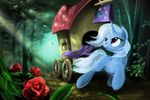  blue_fur blue_hair cutie_mark equine female feral flower forest friendship_is_magic fur hair horn horse mammal my_little_pony pony road rose smile solo sunlight tree trixie_(mlp) unicorn wagon wallpaper zoarvek 