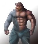  abs anthro bear biceps big_muscles brown_fur brown_nose bulge clothing fur grey_eyes grin istani looking_at_viewer male mammal muscles open_shirt pants pecs pose shirt smile solo standing teeth toned 