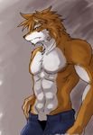  2013 abs anthro biceps big_muscles brown_fur brown_hair brown_nose canine chest_tuft clothed clothing fangs fur hair half-dressed istani jeans male mammal muscles nipples pants pecs pose solo standing teeth toned topless tuft underwear white_fur wolf 