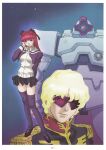 1boy 1girl absurdres blonde_hair char&#039;s_deleted_affair char_aznable epaulettes glowing gundam hair_ribbon haman_karn highres kitazume_hiroyuki mecha mobile_suit nebula neo_zeon official_art ribbon robot scan schnee_weiss_(mobile_suit) school_uniform science_fiction space star_(sky) sunglasses thighhighs traditional_media 