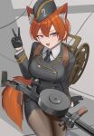 1girl absurdres animal_ear_fluff animal_ears arm_support black_gloves black_necktie breasts brown_pantyhose buttons collared_shirt double-breasted dp-27 drum_magazine english_commentary fang fox_ears fox_girl fox_tail from_above garrison_cap gloves grey_eyes grey_hat grey_jacket grey_skirt gun hair_between_eyes hand_up hat highres jacket klottinen large_breasts long_sleeves machine_gun magazine_(weapon) military military_jacket military_uniform necktie open_mouth original pantyhose pencil_skirt red_hair red_tail shirt short_hair sitting skirt smile tail thighs v weapon white_shirt wire wire_spool 