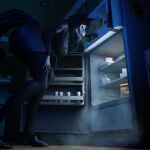 3d_(artwork) anthro appliance bent_over big_breasts big_butt black_body black_hair bone breasts butt canid canine cleavage clothed clothing digital_media_(artwork) female fridge hair hi_res inside kitchen_appliance legwear low-angle_view malo mammal open_mouth scp-1471-a scp_foundation skull skull_head solo standing tail thigh_highs tongue tongue_out vllrukkin white_eyes