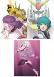  1980s_fashion 1girl 2boys absurdres aeug aqua_hair barefoot blue_eyes blue_hair energy_sword four_murasame gundam gundam_mk_ii happy highres kamille_bidan kitazume_hiroyuki leggings leotard machinery mecha military_rank_insignia military_uniform mobile_suit multiple_boys official_art one-eyed paptimus_scirocco purple_hair robot science_fiction serious smirk sword the_o_(mobile_suit) titans_(gundam) v-fin weapon zeta_gundam 