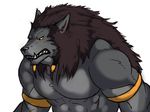  abs anthro biceps big_muscles black_nose brown_hair canine chest_tuft fangs fur grey_fur hair istani looking_at_viewer male mammal muscles pecs plain_background pose solo standing teeth topless tuft video_games warcraft were werewolf white_background wolf worgen yellow_eyes 