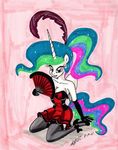 anthro anthrofied bow breasts cleavage clothed clothing equine fan female friendship_is_magic gloves hair heels horn horse kneeling legwear looking_at_viewer mammal multi-colored_hair my_little_pony newyorkx3 pony poster princess_celestia_(mlp) purple_eyes showgirl skirt smile solo stockings teeth winged_unicorn wings 