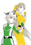  1boy 1girl aegiomon angrynerd_c bodysuit breasts clenched_hand cowboy_shot digimon digimon_story:_time_stranger facial_mark green_bodysuit grey_hair highres horns large_breasts long_hair mirai_sentai_timeranger misono_inori pointy_ears short_hair simple_background skirt super_sentai time_green time_yellow white_background yellow_bodysuit yellow_skirt 
