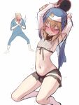  2boys armpits arms_up aroused azulasi barefoot bike_shorts black_skirt blonde_hair blue_eyes blue_pants blue_shirt blue_veil blush bridget_(guilty_gear) bulge capri_pants clenched_teeth commentary_request covered_nipples cross crossdressing crossdressing_(mtf) detached_sleeves erection erection_under_clothes faust_(guilty_gear) foot_out_of_frame grey_shirt guilty_gear guilty_gear_strive hair_between_eyes highres holding kneehighs kneeling legs_apart long_sleeves mars_symbol medical_scrubs medium_hair microskirt multiple_boys navel no_shoes nose_blush open_mouth own_hands_together pants pervert pleated_skirt red_cross shirt simple_background skirt socks solo_focus sparkle standing stomach sweatdrop teeth thighs three-quarter_sleeves tight_clothes tight_shirt tongue tongue_out torn_bike_shorts torn_clothes torn_shirt torn_skirt torn_veil twitching v-shaped_eyebrows veil white_background white_sleeves white_socks wince yaoi yo-yo 