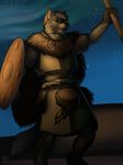  anthro armor blue_eyes canine fur grey_fur male mammal night shield solo unknown_artist vallhund warrior weapon wolf 