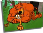  bandicoot biceps big_muscles claws crash_bandicoot crash_bandicoot_(series) eyes_closed fangs feline fingerless_gloves gay gloves hug jungle male mammal marsupial muscles pecs rubberskunktoo size_difference tiger tiny_tiger video_games 