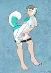  artica_sparkle blue_fur blue_hair breasts brown_hair canine claws dickgirl fur gender_transformation hair intersex mammal nipples penis sabretoothed_ermine snout solo tattoo transformation transgender undressing white_fur white_hair wolf 