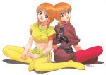  1990s_(style) 1998 2girls absurdres dated elpeo_puru green_eyes gundam gundam_zz highres kitazume_hiroyuki looking_at_viewer multiple_girls open_mouth orange_hair puru_two retro_artstyle scan shadow signature sitting smile traditional_media white_background wristband 