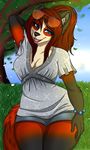  arm_behind_head black_fur black_nose blue_eyes bracelet breasts brown_hair cleavage clothed clothing eyewear female fur grass hair jewelry kammymau long_hair looking_at_viewer orange_fur pandaren shirt shorts sky smile solo sunglasses teeth thick_thighs thighs tongue tree video_games voluptuous warcraft white_fur wide_hips world_of_warcraft 