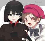  2girls @_@ absurdres black_bow black_bowtie black_eyes black_hair bow bowtie brown_hair commentary driving frown gakuran hat highres looking_at_viewer meme monogatari_(series) multiple_girls nademonogatari nervous nervous_sweating newsboy_cap open_mouth oshino_ougi pink_hat power_crashes_kobeni's_car_(meme) scared scene_reference school_uniform sengoku_nadeko sengoku_nadeko_(mangaka) short_hair simple_background smile sweat translated tsugumi_(tgm_615486) upper_body white_background 