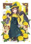  1girl :d absurdres black_hair black_wings boots bow brown_boots chrysanthemum chrysanthemum_print double-parted_bangs feathered_wings floral_print flower flower_wreath full_body green_bow green_hakama hair_between_eyes hair_bow hakama hakama_skirt highres holding holding_umbrella japanese_clothes kimono lace-up_boots long_hair long_sleeves looking_at_viewer open_mouth parasol pinching_sleeves red_eyes reiuji_utsuho signature skirt smile solo standing standing_on_one_leg third-party_source touhou toutenkou umbrella wide_sleeves wings yellow_kimono yellow_umbrella 