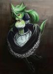  anthro blush breasts cleavage clothed clothing enrin female fur green_fur green_hair hair legwear looking_at_viewer maid maid_uniform red_eyes smile solo stockings 