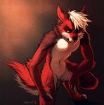  anthro canine falvie hair male mammal red_eyes smile solo white_hair wolf 