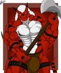  abs anthro axe biceps big_muscles black_skin body_markings bulge claws clothing digimon dragon growlmon hair horn loincloth looking_at_viewer male markings muscles nipples pecs plain_background pose red_background red_skin reptile saixyuniz-xynz scales scalie solo standing toned topless vein weapon white_hair white_skin yellow_eyes 
