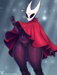 anthro black_body black_skin breasts cozymun featureless_breasts female half-closed_eyes hi_res hollow_knight_(franchise) hornet_(hollow_knight) mantle mask narrowed_eyes simple_background solo team_cherry thick_thighs wearing_mask weaver_(hollow_knight) wide_hips