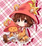  1girl bear_girl blue_thighhighs boots brown_boots brown_hair capelet chibi dress emil_chronicle_online hair_ribbon hat neck_ribbon orange_dress pink_eyes red_hat red_ribbon ribbon sitting smile striped_clothes striped_thighhighs stuffed_animal stuffed_toy teddy_bear thighhighs tiny_alma white_capelet white_ribbon white_thighhighs witch_hat yukiomi_kizuki 