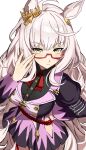  1girl absurdres ahoge animal_ears biwa_hayahide_(pf._winning_equation...)_(umamusume) biwa_hayahide_(umamusume) blush breasts closed_mouth clothing_cutout commentary crown ear_ornament franz2543 glasses grey_hair hair_between_eyes highres hip_vent horse_ears horse_girl horse_tail jacket large_breasts long_hair long_sleeves looking_at_viewer purple_jacket purple_skirt red-framed_eyewear semi-rimless_eyewear simple_background skirt solo tail umamusume under-rim_eyewear white_background white_hair yellow_eyes 