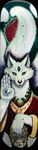  black_nose canine dream eye five fluffy_tail fox fur green_eyes invalid_color koan looking_at_viewer mammal moon multiple_tails orange_eyes prayer_beads religion skateboard sky surreal sutra tails thatwhitefox third third_eye traditional_media vivid white_fur 