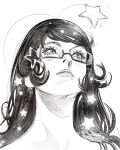  1girl bayonetta bayonetta_(series) commentary english_commentary eyelashes glasses highres lips long_hair looking_up mole mole_under_mouth portrait simple_background solo sparkle star_(symbol) swept_bangs valemi_bird white_background 
