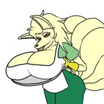  anthro beauty_mark big_breasts black_nose breasts canine cleavage clothed clothing cookie driflewd ear_piercing female fox fur gloves half-closed_eyes huge_breasts looking_at_viewer mammal multiple_tails ninetales nintendo piercing plain_background platter pok&#233;mon pok&eacute;mon raised_tail red_eyes simple_background skimpy standing video_games white_background yellow_body yellow_fur 