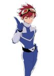  1boy angrynerd_c blue_bodysuit bodysuit brown_hair cowboy_shot digimon digimon_story:_time_stranger highres male_focus mirai_sentai_timeranger salute short_hair simple_background solo super_sentai time_blue two-finger_salute white_background yellow_eyes yuuki_dan 