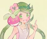  1girl blush bounsweet closed_mouth collarbone commentary_request eyelashes flower green_eyes green_hair green_headband grey_overalls hair_flower hair_ornament headband long_hair mallow_(pokemon) on_shoulder open_mouth overalls pink_flower pokemon pokemon_(creature) pokemon_on_shoulder pokemon_sm ryokuno_green simple_background sleeveless smile teeth twintails upper_teeth_only white_background yellow_eyes 