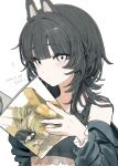  1girl absurdres animal_ears bare_shoulders black_hair black_jacket black_shirt book closed_mouth grey_eyes highres holding holding_book jacket long_hair long_sleeves off_shoulder open_book open_clothes open_jacket original pan-chan_(takaya_riku) shirt simple_background sleeveless sleeveless_shirt solo takaya_riku translation_request upper_body white_background 