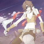  1boy armband arrow_(projectile) blue_eyes bow_(weapon) brown_gloves brown_hair brown_shirt brown_shorts closed_mouth cloud commentary_request cosplay cowboy_shot crop_top fingerless_gloves fur-trimmed_gloves fur-trimmed_shirt fur_trim gloves grey_pants gundam gundam_00 holding holding_bow_(weapon) holding_weapon lockon_stratos looking_at_viewer male_focus midriff navel outdoors pants pants_under_shorts purple_sky quiver ragnarok_online shirt shorts sky sleeveless sleeveless_shirt smile sniper_(ragnarok_online) sniper_(ragnarok_online)_(cosplay) solo tokikane_mikan weapon 