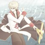  1boy blonde_hair blue_eyes brown_pants closed_mouth commentary_request cosplay cowboy_shot graham_aker grey_background gundam gundam_00 high_priest_(ragnarok_online) high_priest_(ragnarok_online)_(cosplay) holding holding_staff long_sleeves looking_afar male_focus pants ragnarok_online red_shirt ruins shirt short_hair sitting smile solo staff tokikane_mikan two-tone_shirt white_shirt 