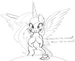  black_and_white blush cup cute cutie_mark equine female feral friendship_is_magic hooves horn horse looking_at_viewer mammal monochrome my_little_pony navel open_mouth pony princess_celestia_(mlp) sitting table text wing_boner winged_unicorn wings zev 