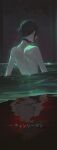  1girl apron black_apron black_hair bomb_devil_(chainsaw_man) chainsaw_man from_behind hair_bun highres kji_(rozo) long_hair nude object_head partially_submerged reflection reflective_water reze_(chainsaw_man) shoulder_blades sidelocks spine_bumps wet 