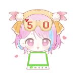  1girl baonu_de_zhanshen_caibutou blunt_bangs braid bubble_print chibi chinese_commentary chinese_text commentary_request cropped_torso dot_nose eyelashes eyewear_on_head feather_hair_ornament feathers hair_ornament headscarf heart highres holding holding_paper infinity_nikki kfc light_blush long_hair multicolored_hair nikki_(series) open_mouth paper pink_eyes pink_hair pom_pom_(clothes) pom_pom_hair_ornament print_headwear side_braid simple_background smile solo straight-on streaked_hair stylist_(nikki) sunglasses swept_bangs tareme translation_request twin_braids white_background yellow-framed_eyewear yellow_headscarf 