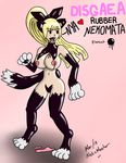  4_toes anthro areola black_eyes blonde_hair blood breasts claws clothed clothing digitigrade disgaea english_text female hair kit_cat neko-master nipples nude open_mouth pink_background plain_background rubber simple_background skimpy skin solo standing teeth text tongue topless 