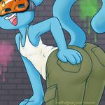  big_butt blue_fur butt cat clothing eyewear feline female fur goggle goggles hand_on_butt mammal milf mother nicole_watterson onnanoko parent presenting shirt smile tank_top the_amazing_world_of_gumball 