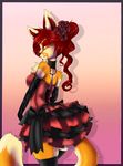  amber_eyes anthro avoid_posting bow canine cat conditional_dnp dress elbow_gloves feline female flower fox fur gloves hair hybrid legwear long_hair looking_at_viewer mammal mrawl necklace red_fur red_hair red_nose smile solo stockings white_fur yellow_fur 