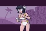  1girl artist_name averting_eyes awning azazel_(helltaker) bare_shoulders beach bikini black_hair blue_eyes blunt_bangs bob_cut border bow breasts building cleavage clenched_hand collarbone commentary cowboy_shot english_commentary eyelashes hair_bow hair_ribbon hairband helltaker highres holding holding_notepad letterboxed looking_at_viewer medium_breasts midriff mole mole_on_breast multicolored_bikini navel notepad open_mouth outside_border palm_tree purple_background purple_border ribbon shiny_skin short_hair sidelocks sign signature solo standing swimsuit teeth tree triple_stabber two-tone_bikini upper_teeth_only white_bikini white_bow white_hairband white_ribbon yellow_bikini 